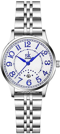 SHENGKE SK Business Klassische Damenuhr mit echtem Leder und Edelstahlband, Elegante Damenuhr Arabischer Stahl