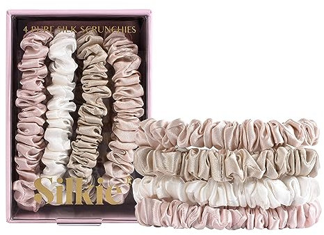SILKIE 4er-Set 100% reine Maulbeerseide, neutrale, rosa, dünne Haargummis mit Reisebeutel, Haargummis für jeden Tag, Haarpflege, Pferdeschwanzhalter, ohne Haarschäden (Nude)