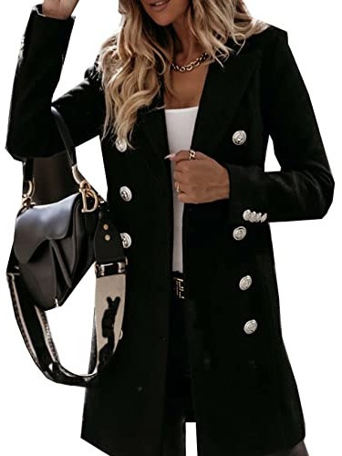 WJANYHN Autumn and Winter Leisure Exquisite Fashion Long-Sleeved Suit Collar Double-Breasted Nizi Jacket Windbreaker Coat Women Black
