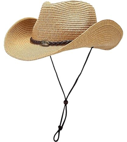 GEMVIE Men and Women Summer Cowboy Hat Crushable Western Straw Cowgirl Hat with Windproof Rope Straw Sun Hats Brown