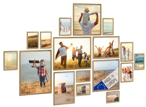 PHOTOLINI Bilderrahmen-Set Eiche, Holzbilderrahmen Made in EU, 17er Rahmenset, 10x15 bis 30x40 cm, bruchsicheres Acrylglas, zum Aufhängen, extra Zubehör - für Ihre liebsten Fotos & Bilder