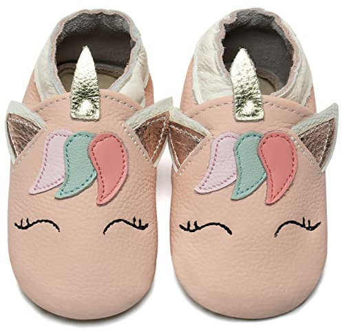 IceUnicorn Krabbelschuhe Baby Lauflernschuhe Jungen Weiche Leder Babyschuhe Kleinkind Lederschuhe mädchen Babyhausschuhe(HellPink Einhorn,12-18)