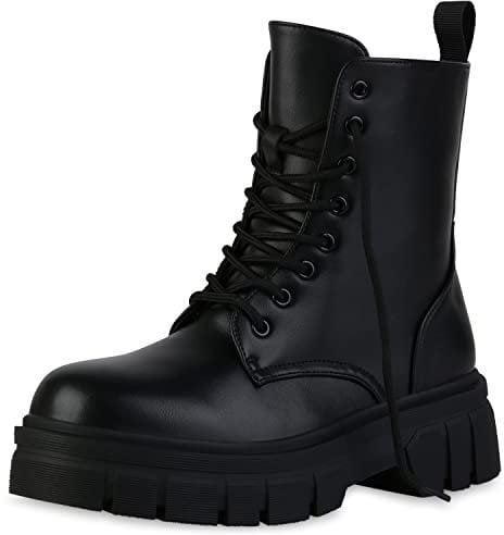 VAN HILL Damen Stiefeletten Plateau Boots Blockabsatz Schuhe Freizeit Stiefel Profilsohle Booties Plateauschuhe 207057 Schwarz 37