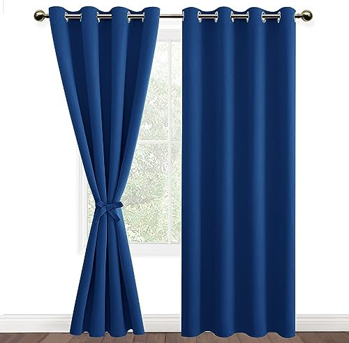 DWCN Vorhange Wohnzimmer Schlafzimmer Gardinen Blickdicht Vorhänge mit Ösen 2er Set, Verdunklungsvorhänge mit Vorhang-Krawatten, Königsblau, 215x132cm(HxB)