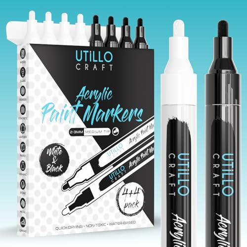 White+Black Paint Pen (8-Pack) Medium Tip Made in Japan | Bold Color+100% Coverage | For Rock, Wood, Glass, Paper, Plastic, Metal, Canvas, etc. | 2-3mm White and Black Acrylic Paint Markers