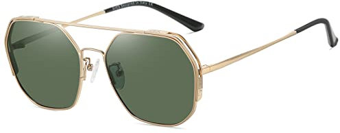 SHES Lunettes de soleil polarisées polygonales à double pont pour femme Lunettes de soleil aviateur Monture hexagonale SH3016, Monture dorée, verres verts, 133mm