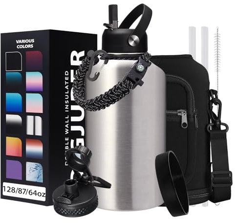 DIGJUPER 64 oz Insulated Water Bottle Stainless Steel - Gallon Water Bottle with Straw, Half Gallon Water Jug Wide Mouth, Sweat-Proof Metal Flask Mug with Paracord Handle For Gym Camping Hiking