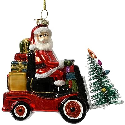 Kaemingk Christbaumschmuck Glas 12cm Weihnachtsmann auf Gabelstapler mit Tannenbaum und Geschenken Weihnachtskugeln mundgeblasen Rot/Grün