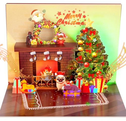 FITMITE Weihnachtskarte Pop Up mit Licht und Musik 3D Weihnachtsmann Kamin Frohe Weihnachten Grußkarte mit Umschlag für Kinder Mädchen Frauen Mann Weihnachtsgeschenk