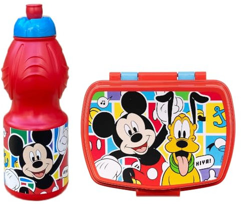 CARTOON Set pranzo Topolino Disney 2 pezzi borraccia 400 ml e contenitore portamerenda in plastica riutilizzabile senza BPA