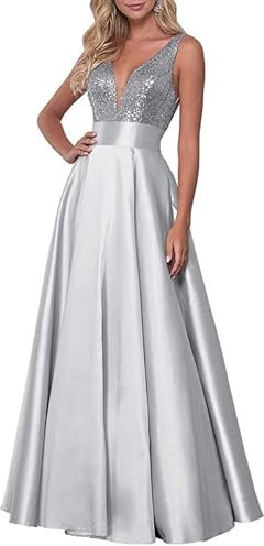 Damen V-Ausschnitt Abschlussballkleider Glitzernde Pailletten Satin Lang Formaler Abend Partykleider Eine Linie Ballkleider Mit Taschen Whole Silver XXL
