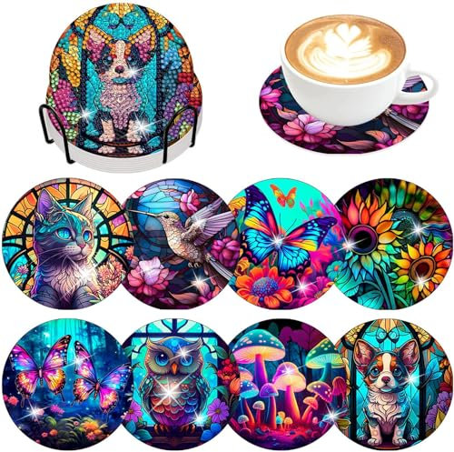 8 Stück Diamond Painting Untersetzer Mit Halter,5D Diamond Painting Coaster,DIY Diamond Painting Kinder, Diamond Painting zum Basteln für Tassen,Weingläser, Heimküche,