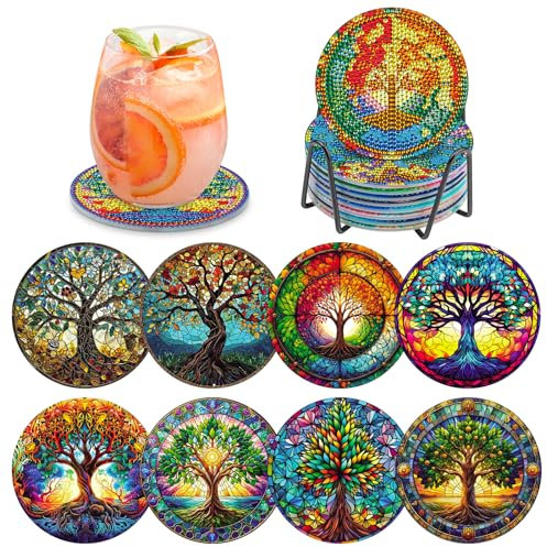 MOGTAA 8 STK Diamond Painting Untersetzer mit Halter, 5D Diamond Painting Baum des Lebens, Diamant Malerei Set Bilder Erwachsene Kinder, Diamant Tassenuntersetzer mit Kork, für Home Dekor