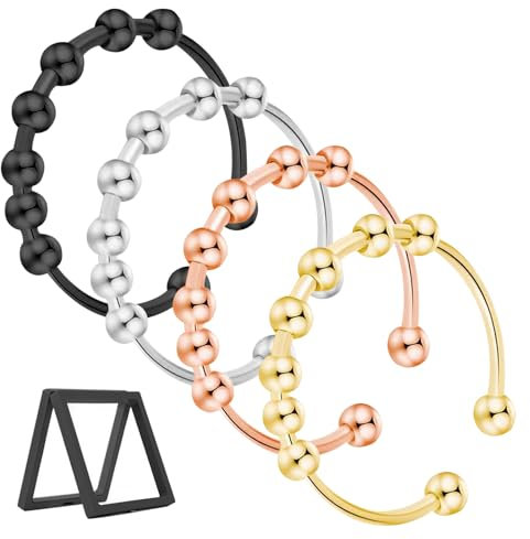 Anxiety Ring Damen Anti Stress Ring Edelstahl Dekompressionsringe Set Angst Ring Verstellbar Spinner Drehbare Ringe Fidget Ring mit Perlen für Frauen Herren Anxiety Ring Silber Spinner Ring Damen Ring