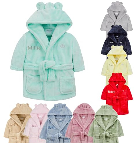 Baby Girl Boy Personalised Dressing Gown Bathrobe Hooded Bear Ear (Mint Bear Ear, 3-4 Years)