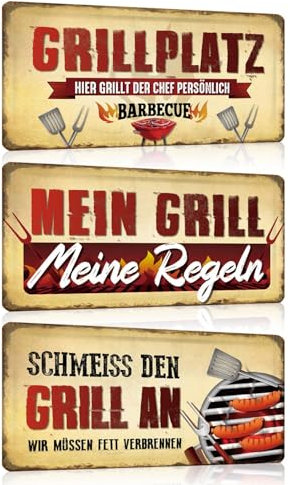 GREENWR 3er Set Grill Schilder 15x30cm - Retro Blechschild mit Spruch Lustig - GRILLPLATZ - MEIN GRILL MEINE REGELN - BBQ Poster Wanddeko Geschenk für Küche Köche Grillplatz Grillecke Terasse