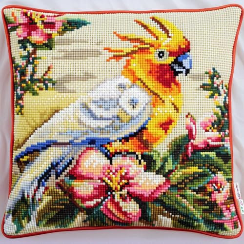 RKFLGEW Knüpfkissen-Set Mit Kakadu-Tiermotiv，Knüpfsets，Kissen，Diy，Handgefertigt，Häkelgarn，Stickset，Kissenbezug 43x43cm