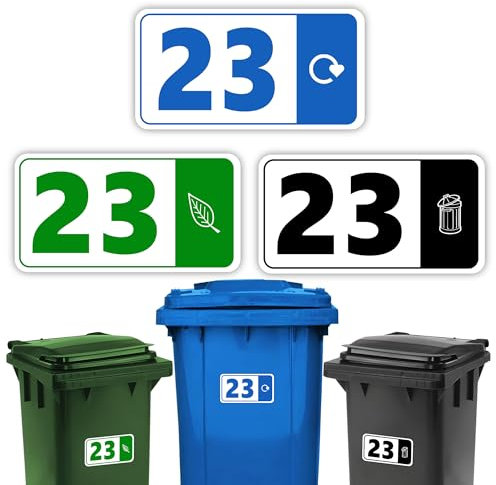 3 x Bin Numbers for Wheelie Bins, 1-99, ‘Waste Icon’ Design, 10x19cm Dustbin Stickers, Easy Application Stick On Number Stickers - Weatherproof Self Adhesive Vinyl – Blue, Black and Green (23)