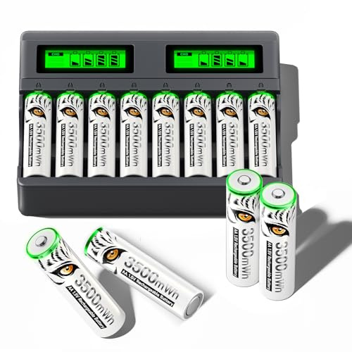 Mspalocell 1,5v 3600mWh Lithium Akku AA wiederaufladbar mit Ladegerät, 8 Slots USB C Type-C Unabhängiges Laden LCD Intelligent Schnell Ladegerät, mit 8 Stück Batterien AA