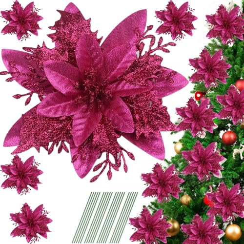 YYCRAFT Lot de 12 fleurs poinsettia à paillettes de 15,2 cm pour décorations de sapin de Noël, rose vif