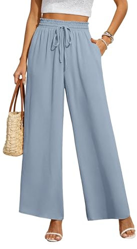 BEIGAI Damen Hosen Weite Lose Gerade Geschnitten Palazzo Hose Hohe Taille Dehnbar Lounge Elegante Hose mit Taschen,Grau-Blau,L