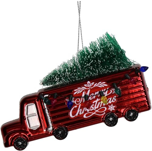 Christbaumschmuck Kunststoff 13,3cm - Weihnachtstruck Figur zum Aufhängen - handbemalt & mit Glitzer - Weihnachtsbaum Anhänger für Weihnachten - Christbaumanhänger & Weihnachtsbaumschmuck - Lkw Rot