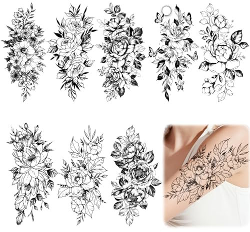 8 Blätter Temporäre Tattoos Große Blume, 3D Skizzieren Tattoo Aufkleber, Frauen Männer Fake Tattoos, Wasserdicht Realistische Temporary Tattoos, Sexy Pfingstrose Temporäre Tätowierung für Hals/Arm