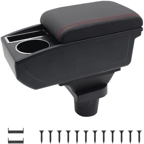 KAERGK Auto Armlehnen für Opel Adam Mittelarmlehne | Zweistufiger Stauraum, Mit Getränkehalter, Einfache Montage, PU-Leder, Verstellbare Armlehne für Autos, Rote Nähte