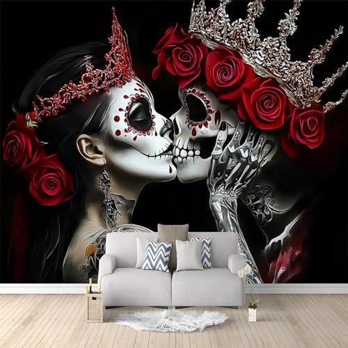 Photo Wallpaper 118 x 83/300 x 210 cm(WxH) Non-Woven Gothic Skeleton Queen Print Wall Mural Decoration Poster Picture Design, Not Peel and Stick, DIY Wallpaper Wall Murals Decorate Black Red