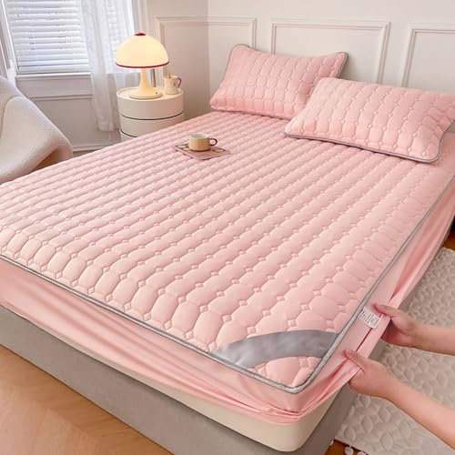 AMDXD 200x220cm Betttuch mit 2er Kissenbezüge Set Warm, Spannbettlaken Wasserbett Einfarbig Rose Matratzenschutz, Baumwolle Spannbettuch Laken Unterbett als Schutz für Boxspringbett & Topper