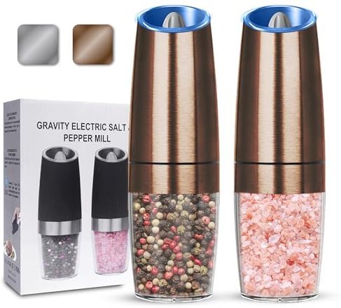UNNEES Gravity Electric Salt and Pepper Grinder set of 2, Automatic Salt And Pepper Grinder Set, Adjustable Roughness, Battery Powered, LED Light, 2 Pack, (Copper)