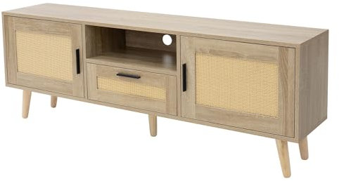 ML-Design Mueble Bajo para TV 140x50,5x30 cm Cómoda Rústica de Madera con 2 Puertas y 1 Cajón Tablero de Diseño de Roble y Ratán, Armario con Patas para Salón, Comedor Apto para TV hasta 65 Pulgadas
