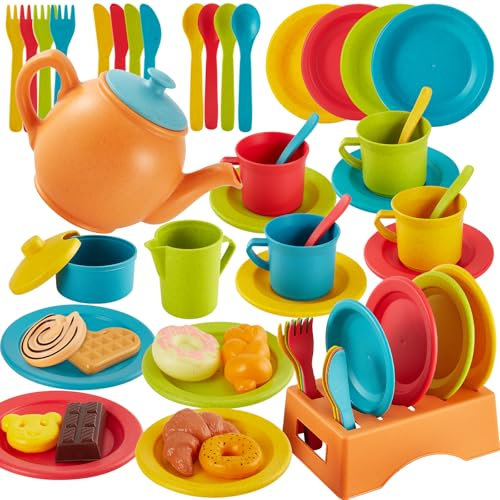 AOLEVA 44 Piezas Accesorios de Cocina para Niños, Juego de Té Utensilios Cocina Juguetes Regalo para Niños Infantil 3 Años