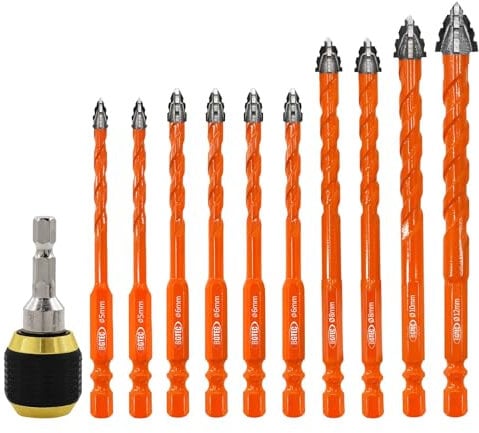 BGTEC Juego de Brocas de Carburo para Mampostería - 10 Piezas (5x2+6x4+8x2+10+12mm) Multimaterial con Portabrocas Rápido para Madera, Plástico, Ladrillo, Cerámica, Vidrio, Hormigón, Mármor