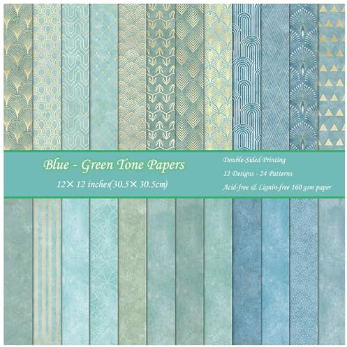 ZAKHSE Bastelpapier Muster, 24 Blatt Motivpapier zum Basteln, Doppelseitig Bedruckt Pfau Blau Designpapier, 12 Designs, 24 Motive, 30,5x30,5cm Scrapbook Papier DIY Hochzeit Karten Gestalten Zubehör