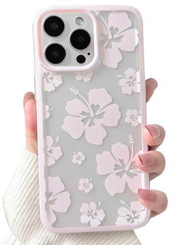 NITITOP Compatible with iPhone 15 Pro Max Phone Case Cute Clear Hibiscus Flower Floral Design with Pink Frame for Women Girls Transparent Slim Soft TPU Full Camera Shockproof Protective Cover - Pink