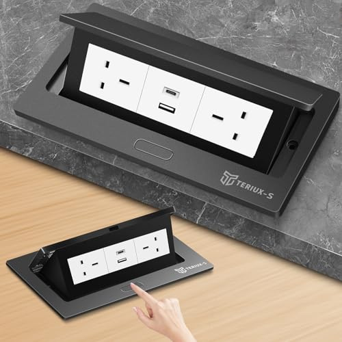 Desktop Power Socket with USB C, Pop Up Electrical Outlet Cover Box, Recessed Aluminum Power Strip with 2 UK Plug, Hidden Pop Up Desk Sockets for Kitchen Worktops, Office, Conference Table (Black)