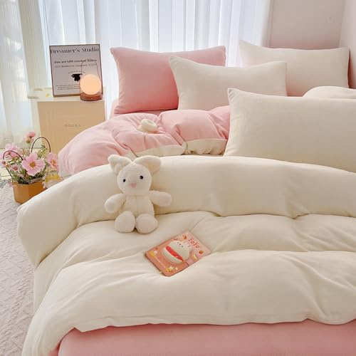 Covebett Winter Flanell Bettwäsche 135x200 Rosa Weiß Warme Weich Kuschelig Flauschig Bettbezug Microfaser Plüsch Coral Fleece Wendebettwäsche Sets 2 Teilig mit Reißverschluss und Kissenbezüge 80x80 cm