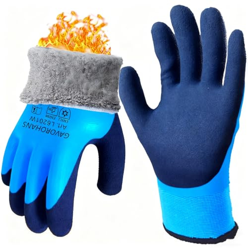 GAVOROHANS 1 Pair Waterproof Thermal Winter Work Gloves Polar Fleece Liner Superior Grip Double Latex Coating for Garden Logistics Warehousing Cold Weather Outdoor Activities (Blue, S/7')