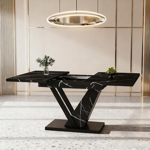 Ausziehbarer Esstisch (Teleskoptisch) 120-160 x 75 cm - Durch innenliegende Einlegeplatten flexibel erweiterbar Wohnzimmertisch in schwarzer Marmor-Optik