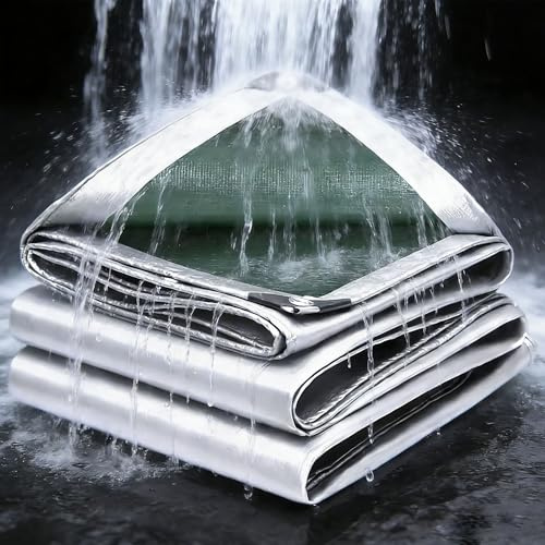 Lona Impermeable Heavy Duty 200g/m² PE 3.5x3.5m Lona Impermeable Exterior,Gruesa de Resistente al Exterior, Lona de plástico Resistente a Las heladas y con protección UV para jardín Plata Verde
