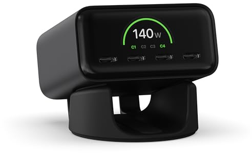 SATECHI ChargeView Cargador GAN 140W, Pantalla Digital LCD, Negro Espacial | 4x Puertos USB-C, Carga segura, cargador de escritorio, pantalla giratoria, para espacios de trabajo modernos