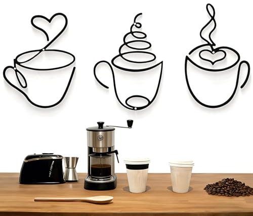 PAppositus 3 Stück Wanddeko Metall Schwarz Kaffeetasse – Metallbilder für Wohnzimmer, Flur, Küche & Bad – Moderne Wandkunst, Wanddekoration für Esszimmer, Café, Schlafzimmer