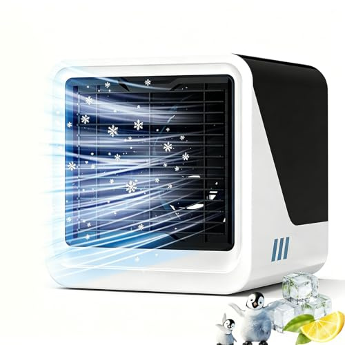 Aire Acondicionado Portatil, 3 en 1 USB Enfriador de Aire por Agua 500 ml, 3 Velocidades, Luz LED 7 Colores, Climatizador Evaporativo Sin Tubo Exterior para Dormitorio y Oficina