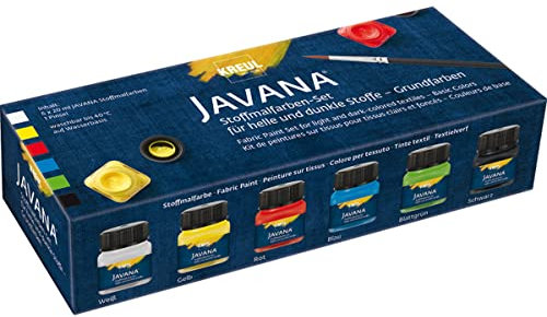 KREUL 90598 - Javana Stoffmalfarbe für helle und dunkle Stoffe, Grundfarbenset, 6 x 20 ml Farbe und ein Pinsel, brillante Farbe mit pastosem Charakter, nach Fixierung waschbeständig