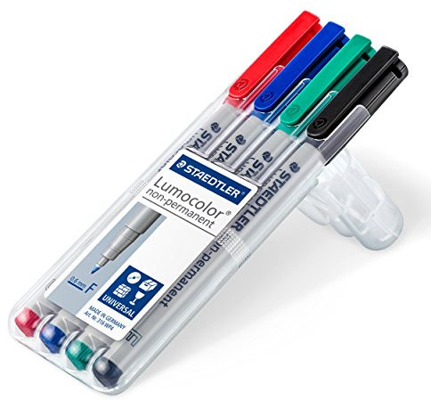 Staedtler 316 WP4 Folienstift Lumocolor non-permanent (wasserlöslich, F-Spitze Linienbreite ca. 0.6 mm, Set mit 4 Farben)