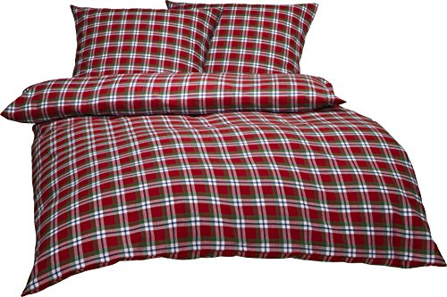 Bettwaesche-mit-Stil warme Fein-Flanell Winter Bettwäsche Toronto Landhaus Karo rot grün weiß kariert (200 cm x 200 cm + 2X 80 x 80)