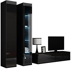 Wohnwand VIGO X Anbauwand Modernes Wohnzimmer Set, Mediawand, Glasvitrine, Hängeschrank TV-Schrank (mit weißer LED Beleuchtung, Schwarz/Schwarz Hochglanz)