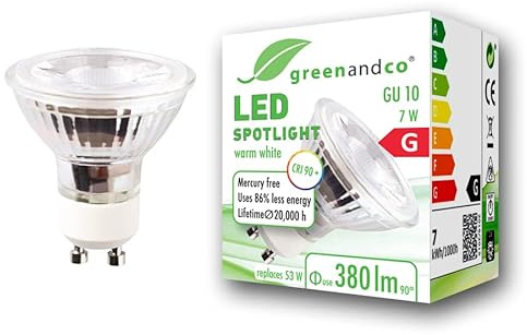 greenandco GU10 LED Spot | 7W 380 lm | 2700K warmweiß | 36° | 230V | CRI 97+ | flimmerfrei | nicht dimmbar