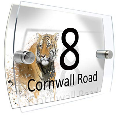 Colourbat Watercolour Animals Personalised Modern House number Sign Name and Number Street Wall Plaque (Tiger Portrait)